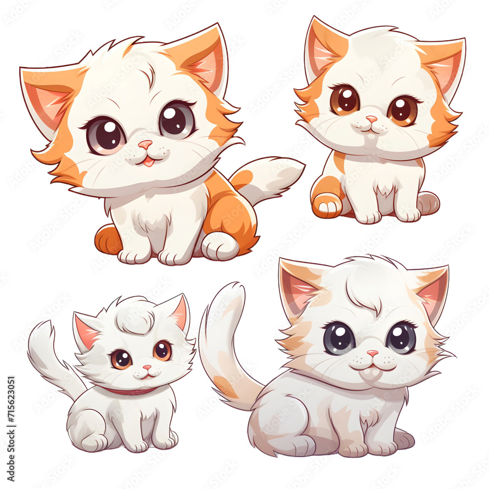 charming quartet of cartoon white and orange cats, perfect transparent backgrounded stickers and graphics for feline lovers charming quartet of cartoon white and orange cats, perfect transparent backgrounded stickers and graphics for feline lovers