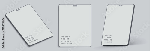 tablet clay mockup with blank screen in different angles view isolated on grey background. minimalist device with shadow for application design presentation. vector 3d isometric illustration