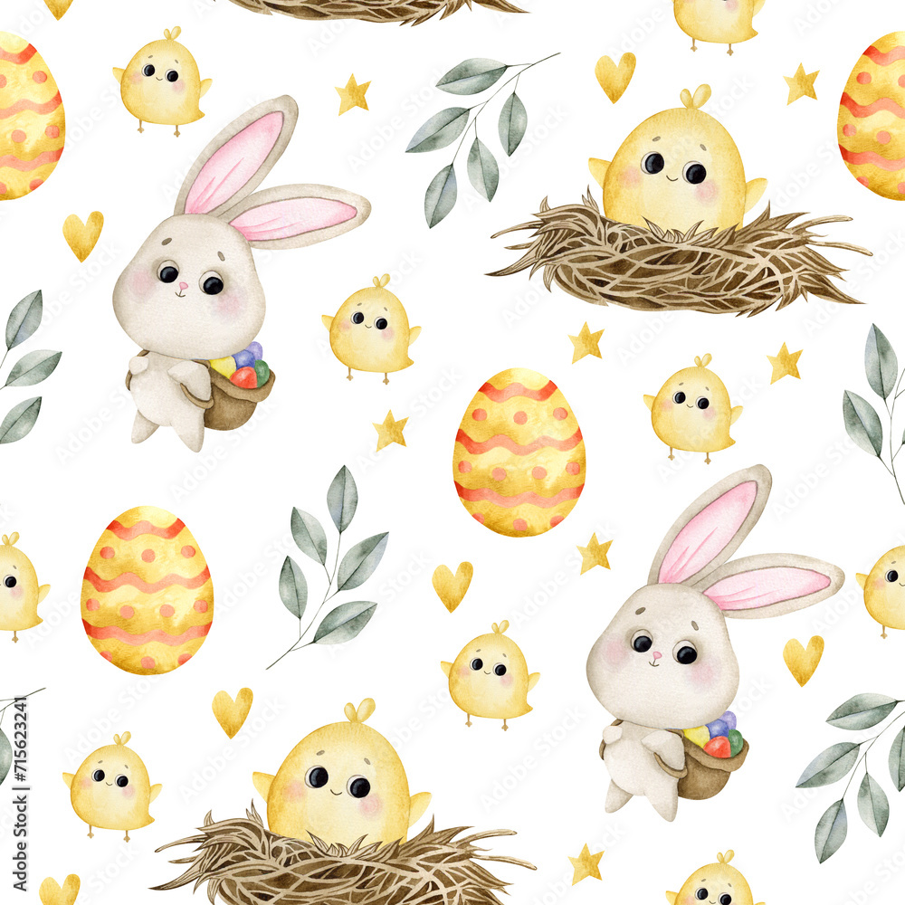 Seamless pattern with easter bunny, chicken and eggs without background. Watercolor illustration for decoration and design of fabrics, textiles, souvenirs Seamless pattern with easter bunny, chicken and eggs without background. Watercolor illustration for decoration and design of fabrics, textiles, souvenirs