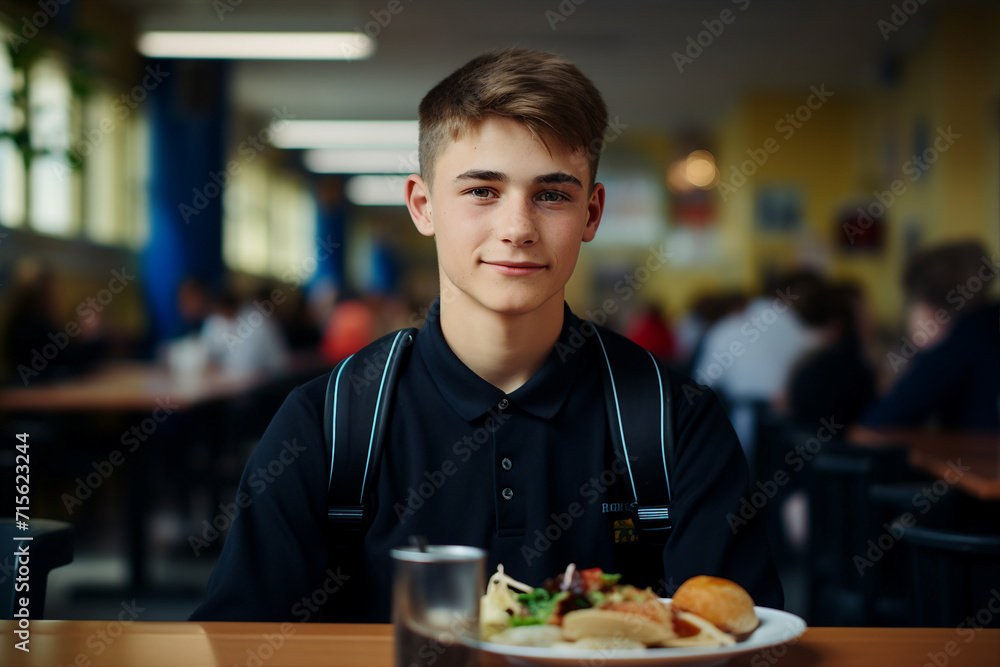 Fototapeta premium Generative AI photo of schoolchild eating tasty lunch at school canteen