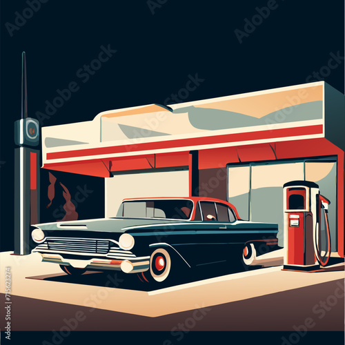 Gas station in the city. Vector illustration stylized as an old artwork of a gas station. Car in front of the station