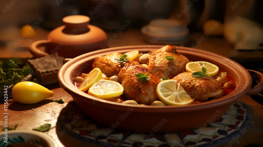 Baked chicken with chickpeas and lemon in a clay pot Baked chicken with chickpeas and lemon in a clay pot