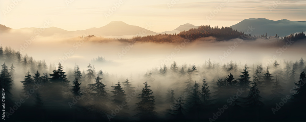 Foggy mountain in wide banner shape. Mystic fog morning nature scenery.