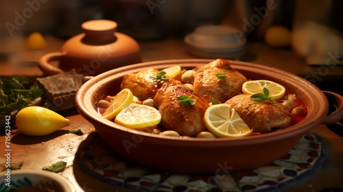 Baked chicken with chickpeas and lemon in a clay pot