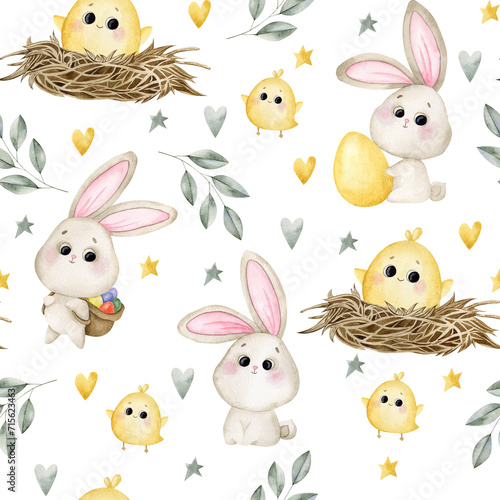 Seamless pattern with easter bunny, chicken and eggs without background. Watercolor illustration for decoration and design of fabrics, textiles, souvenirs 