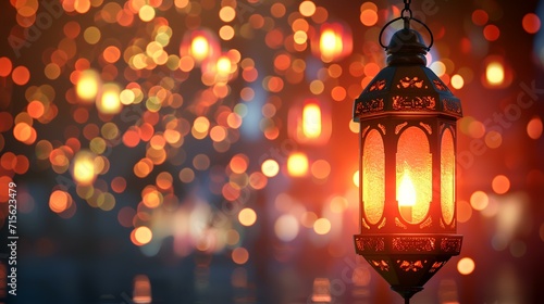Ramadan Kareem greeting card. Festive decorative lantern on blurred background with bokeh lights