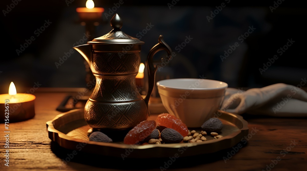 A cup of coffee with a teapot and candies on a wooden table