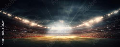 Night stadium with green grass and turn on lights. © amazingfotommm