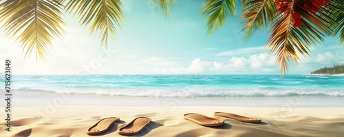 Holiday concept with summer beach blue sky an green palms. Flip flops in sand .