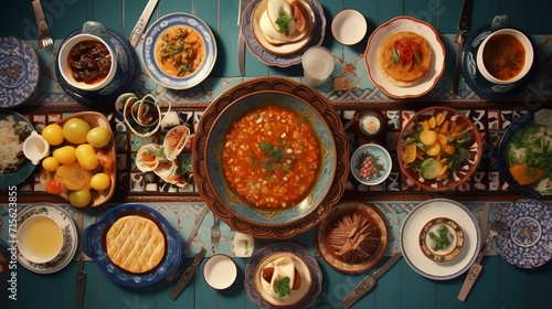 Top view of delicious soup served on a wooden table with different dishes.