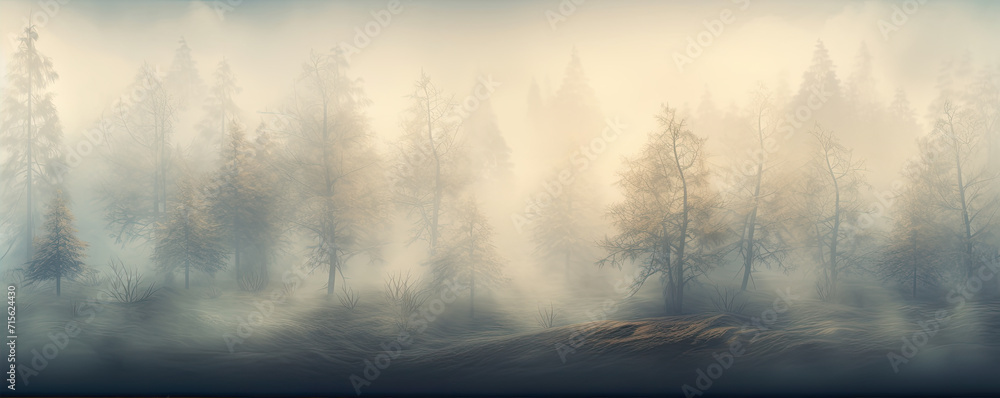 Foggy old forest in wide banner shape. Mystic nature panorama photo Foggy old forest in wide banner shape. Mystic nature panorama photo