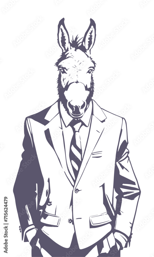 Politician is associated with a donkey. Anthropomorphized donkey wearing an suit. Represents democratic party. USA presidential election. Politician is associated with a donkey. Anthropomorphized donkey wearing an suit. Represents democratic party. USA presidential election.