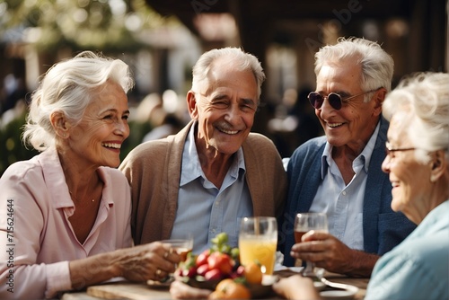 Group of senior friends having fun together outdoors, Elderly people seated at roadside restaurant photo