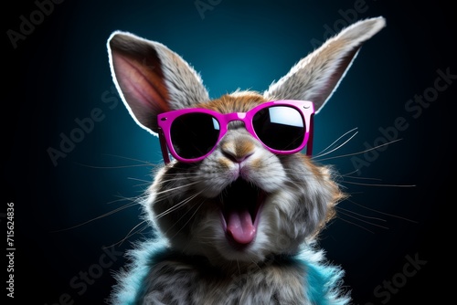 Laughing Easter bunny with sunglasses on a dark background.