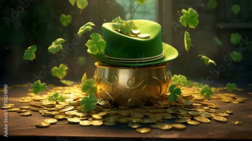 A vibrant St. Patrick's Day scene with a traditional green hat resting on a treasure pot overflowing with gold