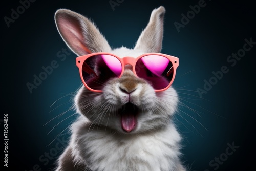 Laughing Easter bunny with sunglasses on a dark background. © AIExplosion