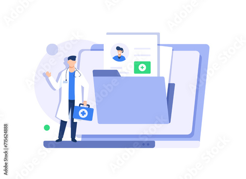 Doctor in hospital reading patient EMRs. Electronic health record and online medical services concept