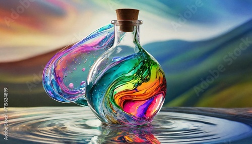 a glass bottle filled with a colorful liquid in swirling motion. Pay attention to the transparency of the glass and the dynamic patterns created by the swirling liquid for a high-resolution compositio