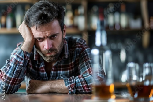 Desperate alcoholic man with alcoholism and alcohol addiction problems. photo