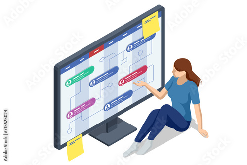Isometric Business Project Management System. Project manager updating tasks and milestones progress planning. Digital Calendar Schedule.