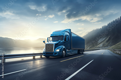 As sun sets, a semi truck trailer container are seen on highway asphalt road transporting cargo AI Generation photo