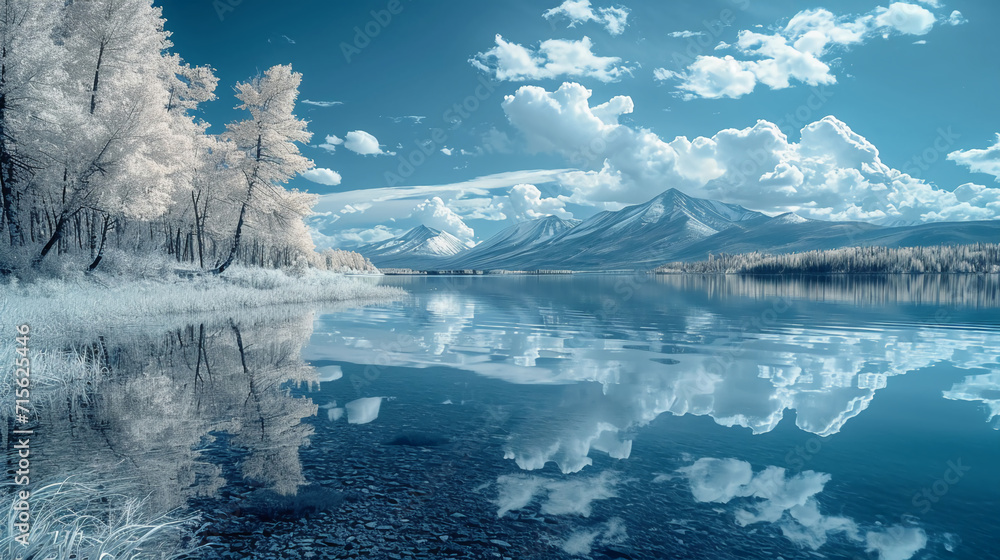 Obraz premium lakeside photonegative refractograph where colors are the smiles of nature. AI generative