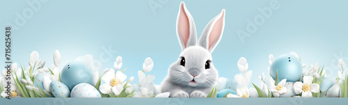 Happy easter day,a Rabbit bunny iwith Easter eggs and blue sky background photo