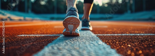 Male athlete's feet in running shoes on stadium starting line, poised for track and field event, capturing essence of sports dedication and marathon preparation, runner and health concept 