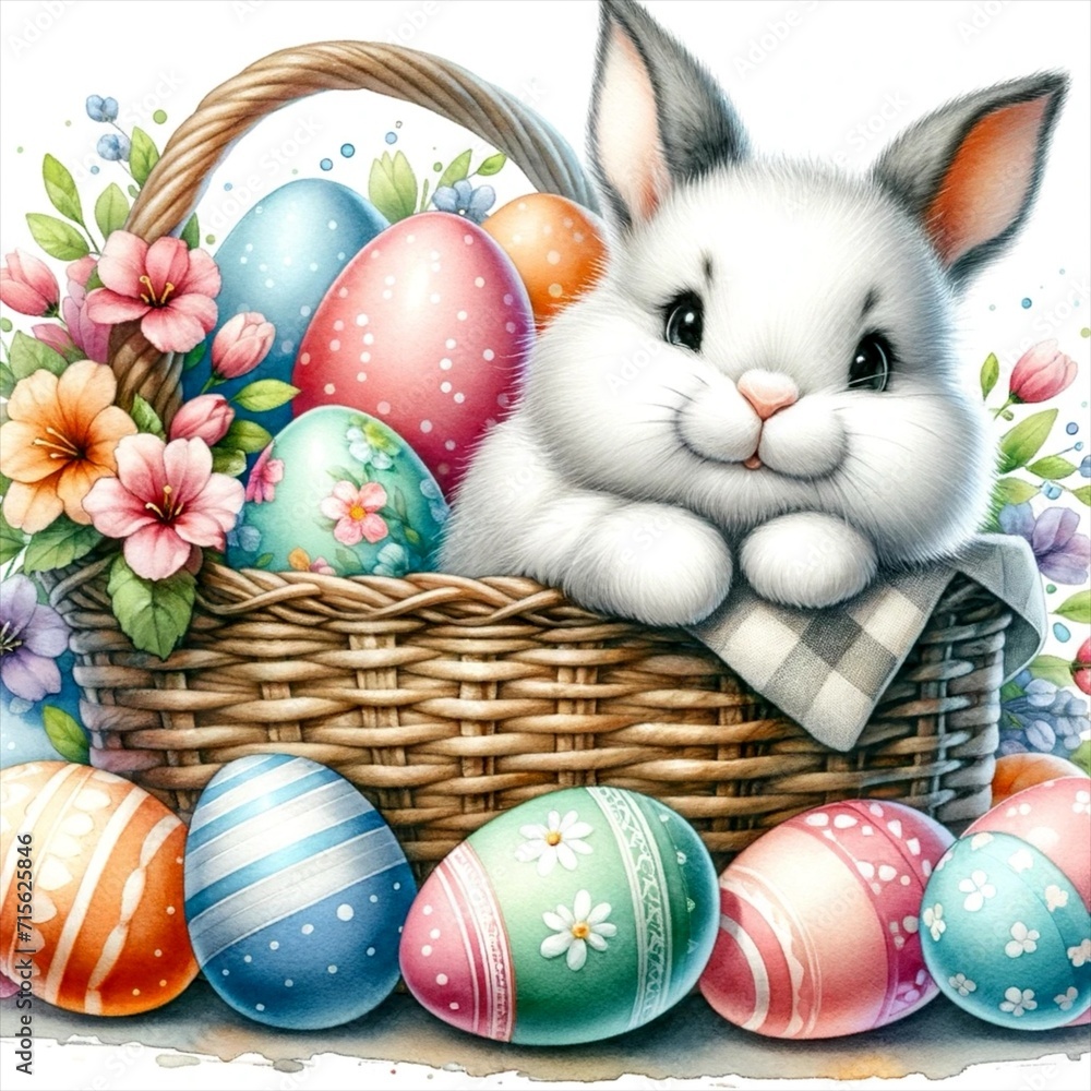 An illustration of an Easter Bunny in a basket filled with eggs, rendered in watercolor style.