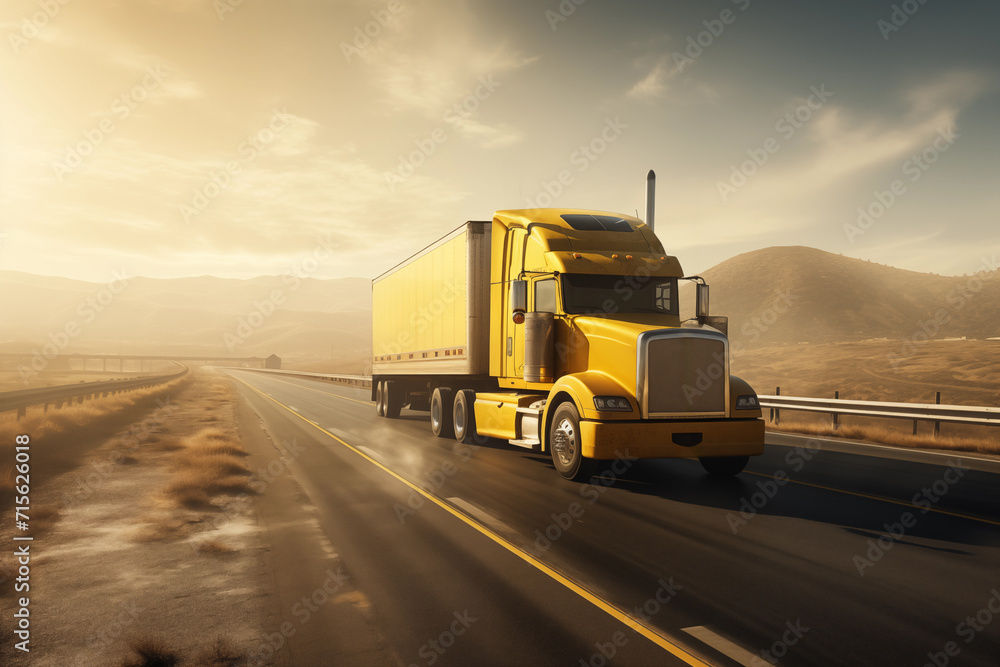 On highway asphalt road cargo transportation at sunrise, a semi truck with trailer container attached AI Generation