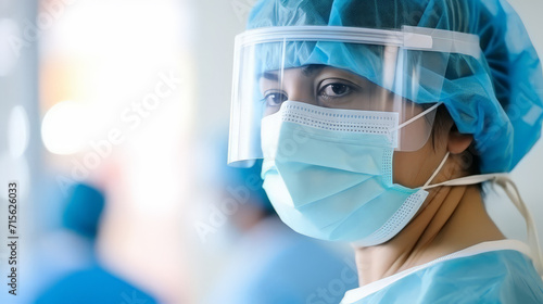 A Portrait smart surgery doctor with blurred background of team.