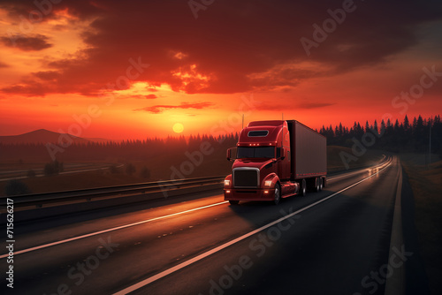 During sunset, semi truck with trailer container is traveling on an asphalt road for cargo transportation AI Generation © ungvar