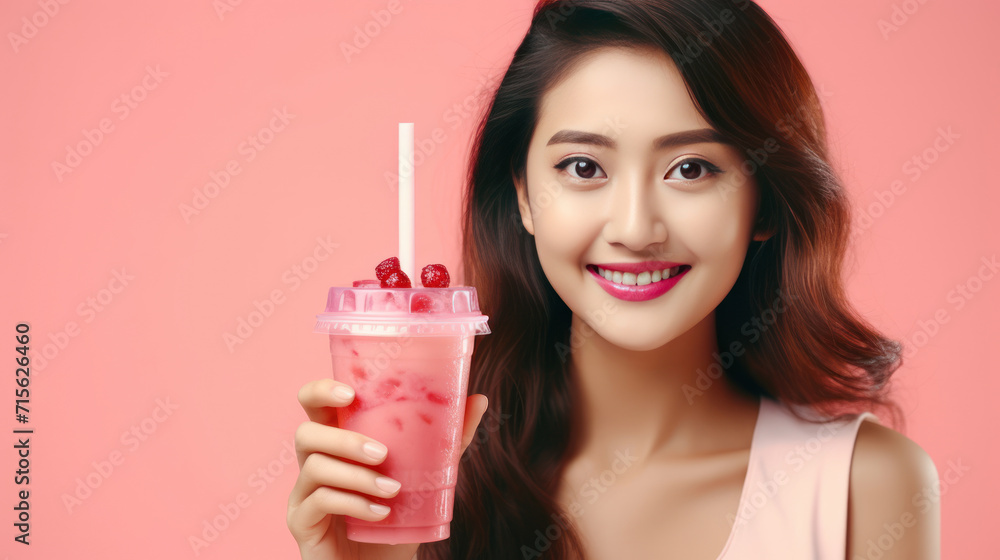 Cheerful asian woman drink ice cocoa with straw thirsty refreshment looking camera on pink background. Portrait excited girl holding ice beverage in cup plastic use straw drinking relax over isolated. Cheerful asian woman drink ice cocoa with straw thirsty refreshment looking camera on pink background. Portrait excited girl holding ice beverage in cup plastic use straw drinking relax over isolated.