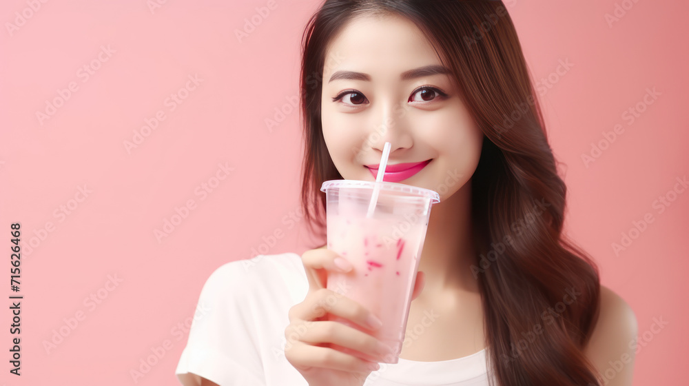 Cheerful asian woman drink ice cocoa with straw thirsty refreshment looking camera on pink background. Portrait excited girl holding ice beverage in cup plastic use straw drinking relax over isolated. Cheerful asian woman drink ice cocoa with straw thirsty refreshment looking camera on pink background. Portrait excited girl holding ice beverage in cup plastic use straw drinking relax over isolated.