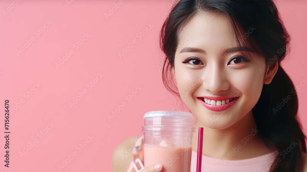 Cheerful asian woman drink ice cocoa with straw thirsty refreshment looking camera on pink background. Portrait excited girl holding ice beverage in cup plastic use straw drinking relax over isolated. Cheerful asian woman drink ice cocoa with straw thirsty refreshment looking camera on pink background. Portrait excited girl holding ice beverage in cup plastic use straw drinking relax over isolated.