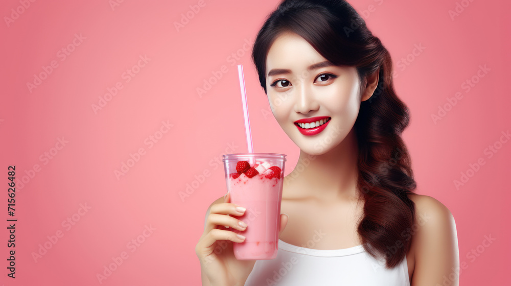 Cheerful asian woman drink ice cocoa with straw thirsty refreshment looking camera on pink background. Portrait excited girl holding ice beverage in cup plastic use straw drinking relax over isolated. Cheerful asian woman drink ice cocoa with straw thirsty refreshment looking camera on pink background. Portrait excited girl holding ice beverage in cup plastic use straw drinking relax over isolated.