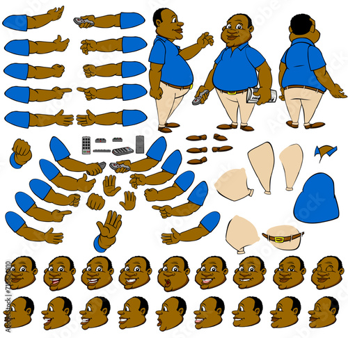 Vector man character with lip sync and eye blink, all sides rigged