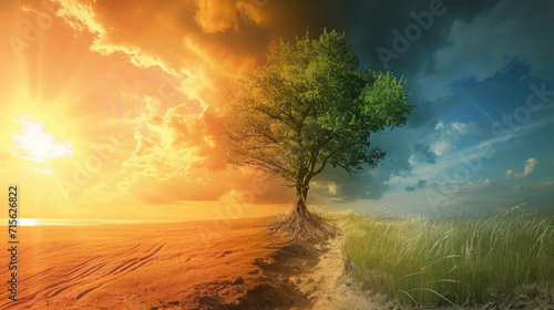 Green tree in the field with climate change conception
