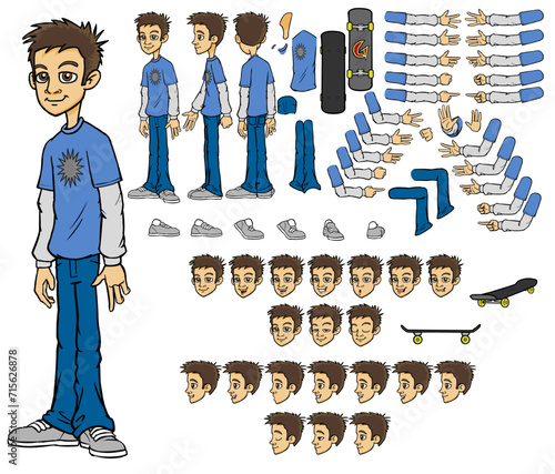 Vector boy character with lip sync and eye blink, all sides rigged
