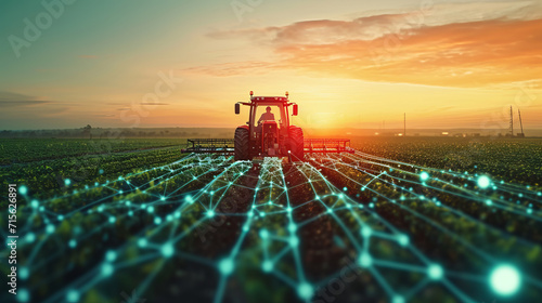 Tractor is working in the agricultural field that is filled by AI technology lights © standret