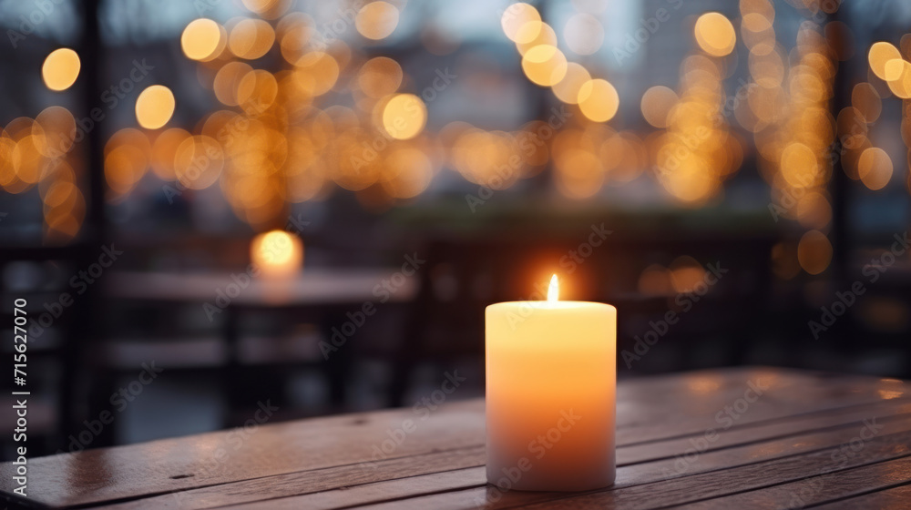 Lit up candle at an outdoor table of a restaurant in winter, cosy atmosphere, selective focus, bokeh. Lit up candle at an outdoor table of a restaurant in winter, cosy atmosphere, selective focus, bokeh.
