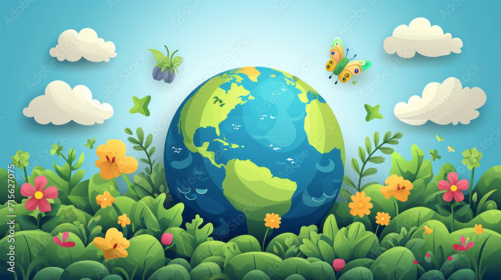 Earth day poster art. Globe and plants background