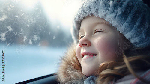 Little girl wearing winter clothes pressed her face against the car window glass, family road trip in winter.