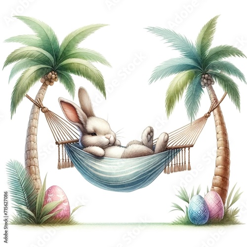 An illustration of an Easter Bunny in a hammock under palm trees  rendered in watercolor style.
