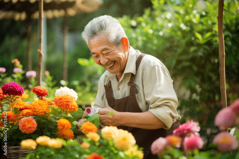 Joyful senior Asian man with colorful flowers gardening outdoors