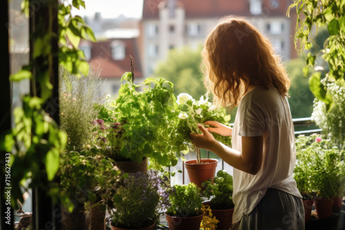 Woman caring for balcony herb garden in the morning light