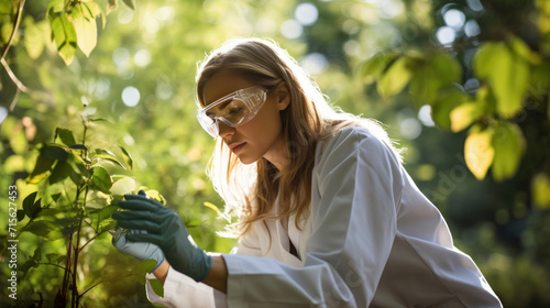 Young woman environmental scientist examining plants in forest