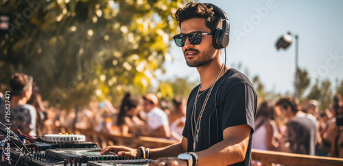 Young Middle-Eastern DJ mixing tracks at outdoor party photo