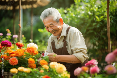 Wallpaper Mural Joyful senior Asian man with colorful flowers gardening outdoors Torontodigital.ca