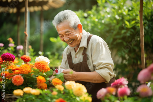 Joyful senior Asian man with colorful flowers gardening outdoors